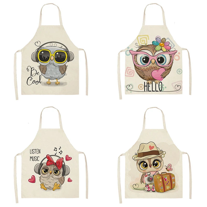 Owl Sleeveless Chef Apron Linen Floral Print Kitchen Decoration Apron Women'S Home Cooking Baked Waist Bib