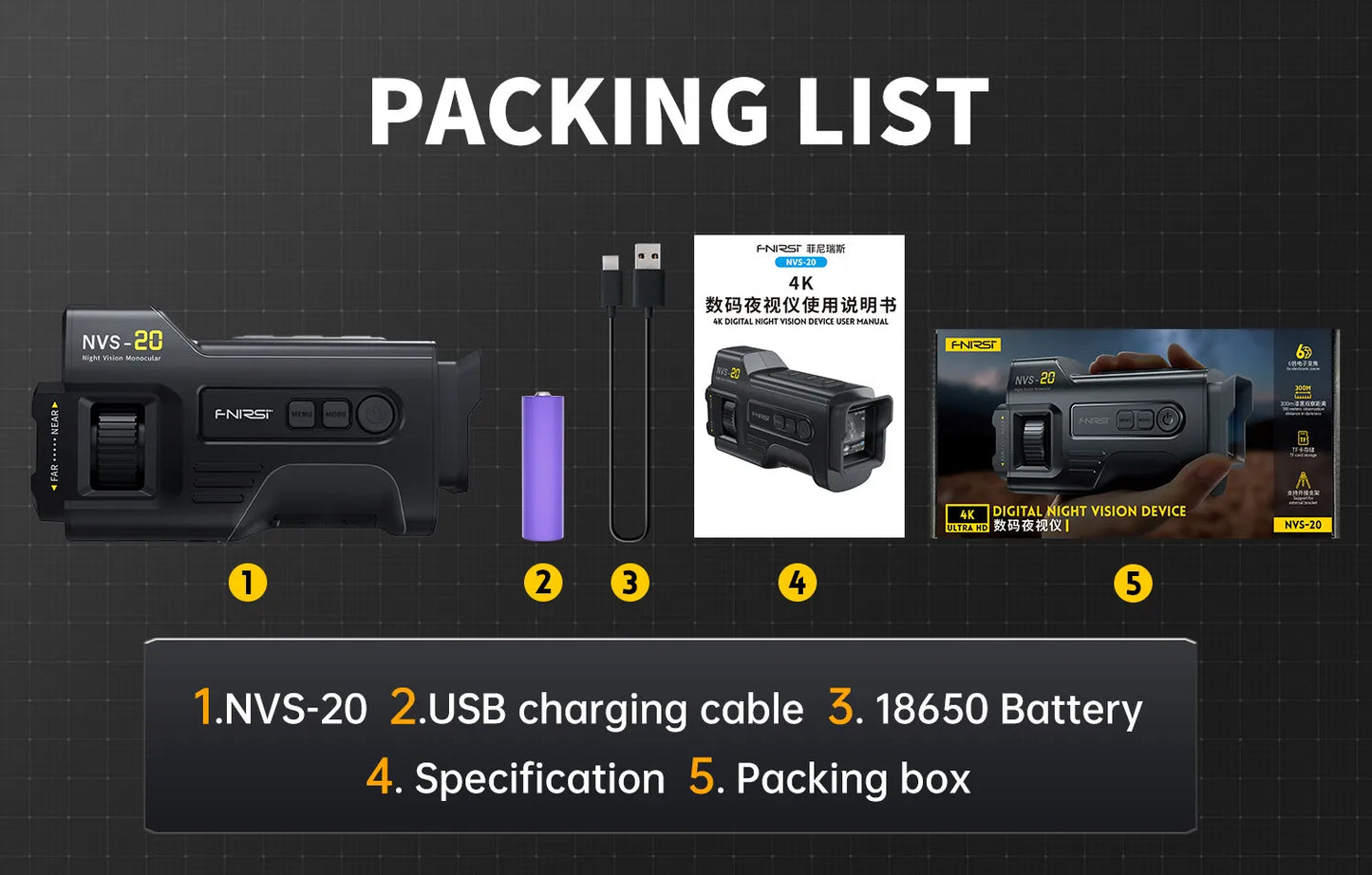 FNIRSI Telescope NVS-20 4K HD Monocular Night Vision Goggles 6X Digital Zoom 300m Hunting Camping Scope Day and Night Dual Use