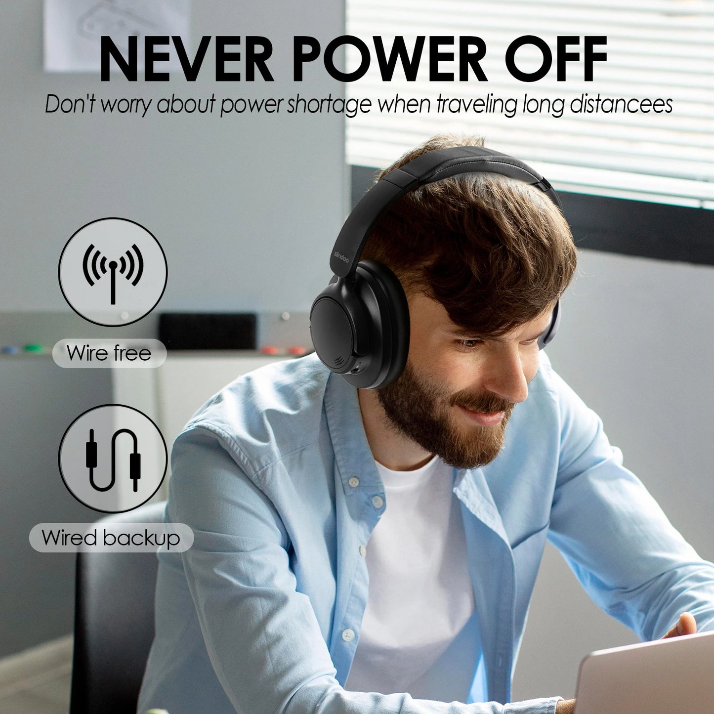 Siindoo Newest JH-ANC630 Active Noise Cancelling Wireless Headphones Over Ear Bluetooth earphones with Mic 70H Playtime Black