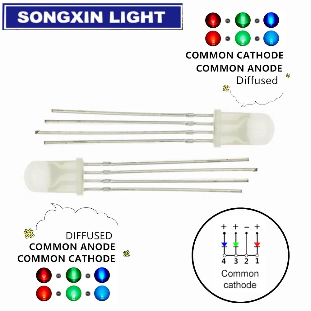 SONGXIN 100pcs 5mm RGB LED Common Cathode / Common Anode Tri-Color Emitting Diodes f5 RGB Diffused / Transparent Highlight