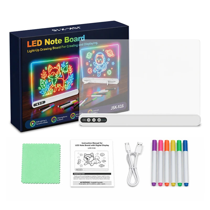 LED Drawing Board for Kids Rechargeable Light-Up Acrylic Neon Board with Timer and Built-in Stand Digital Battery