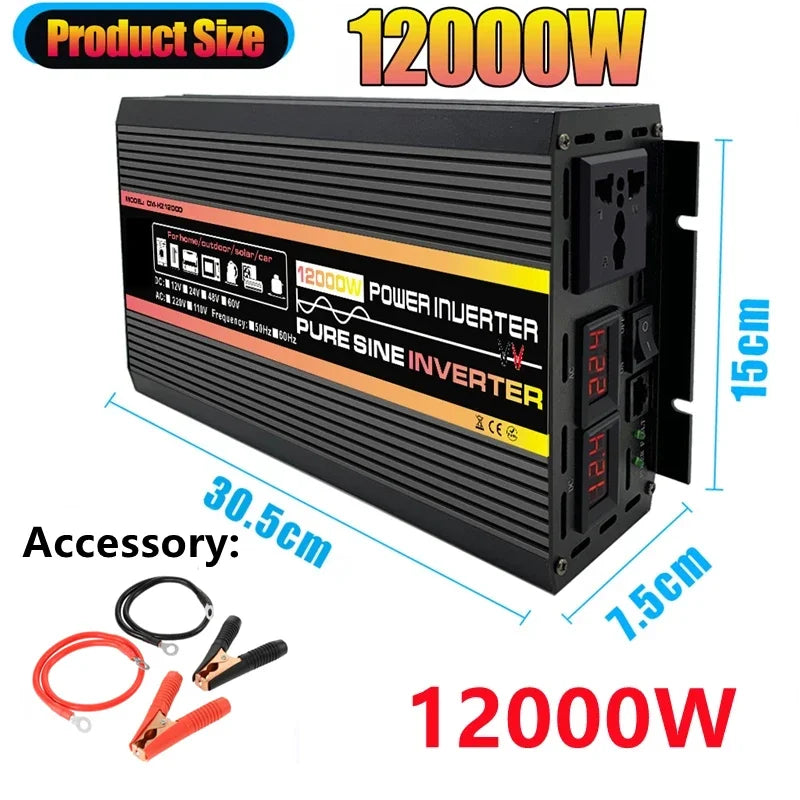 10000W/12000WLCD Display Power Inverter Pure Sine Wave Solar AC 12V 24V To DC 220V Converter Outdoor RV Car Camping Inverter