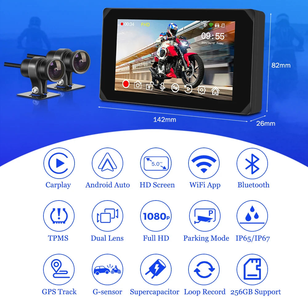 VSYS Carplay Android Auto Motorcycle Dash Cam 5.0'' Touchscreen with Dual 1080P Waterproof Cameras TPMS Parking Mode WiFi App