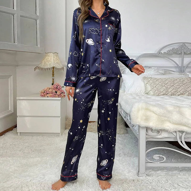 Women's Pajama Lounge Set Satin Long Sleeve Buttons Lapel Top and Pants Pajamas 2 Piece Sets Autumn Lady Sleepwear Home Clothing