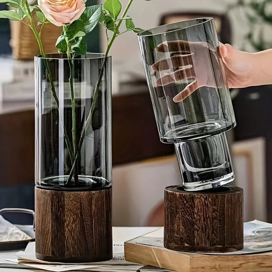 Elegant Glass Vase with Wooden Base for Hydroponic Plants,  Modern Tabletop Floral Arrangement Home Decoration