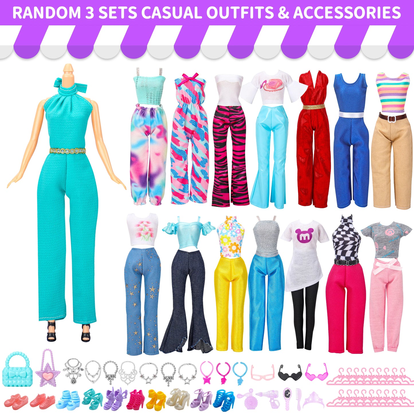 Random 70 PCS Gorgeous Doll Clothes and Accessories for 11.5 Inch fashion Doll -doll House Accessories- A Perfect Gift for Girls