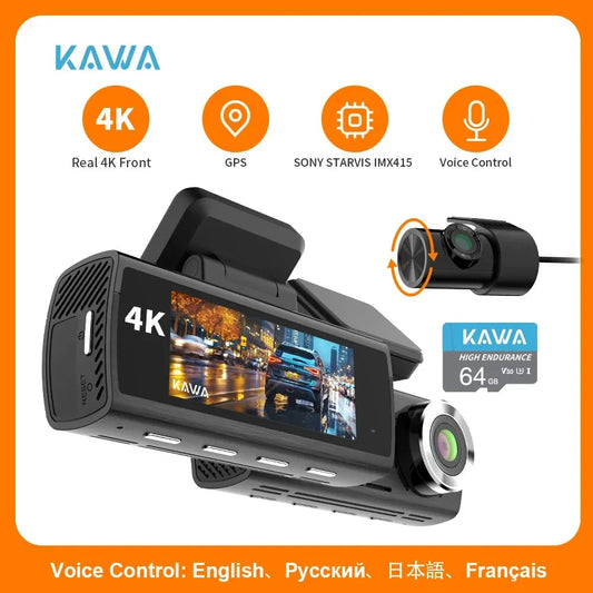 KAWA 4K Dash Camera for Car DVR Sony IMX415 Rear View Video Recorder DVR Voice Control GPS 24h Parking APP WiFi Control Dashcam