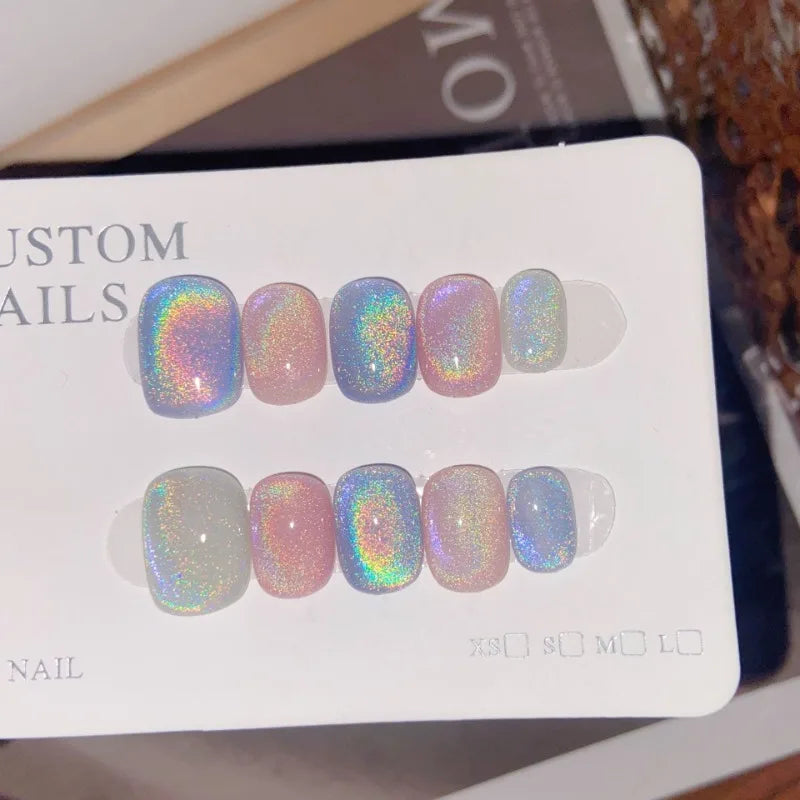 2025 New Handmade Press on Nails Rainbow Cat's Eye Colorful Flashing Fake Nail for Women&Girl Removable Wearable Nail Daily Wear