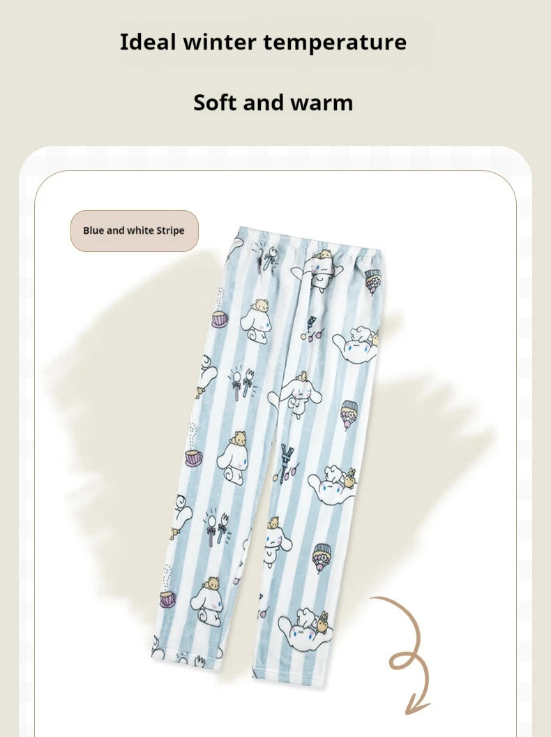 Miniso Hello Kitty Kuromi Sleeper Pants With Flannel Thick Fleece For Warmth Casual Cute Cartoon Pattern Girl Christmas Clothing