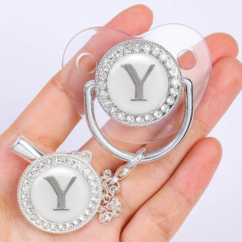 Baby Personalized Pacifier Clip Newborn Luxury Pacifiers Holder Letter Silver Bling Infant Transparent Silicone Teether BPA Free