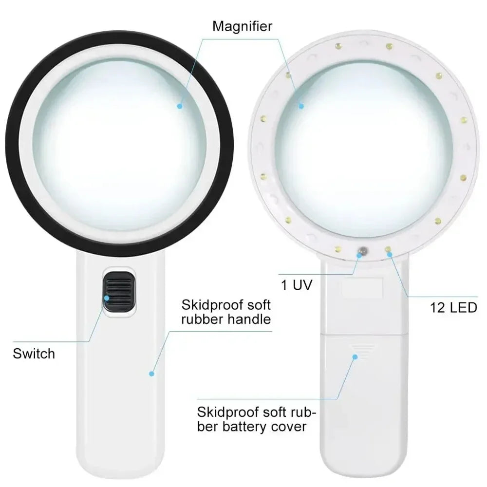 30X Handheld Illuminated Magnifying Glass with 12 LED Lights Reading Magnifier for Seniors Coins Insect Inspection Jewelry Loupe