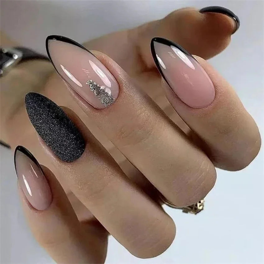 24Pcs/Set Black French Fake Nails Chips Removable Almond Shape Pointed Wearing False Nails Full Cover Stick Press on Nail Tips