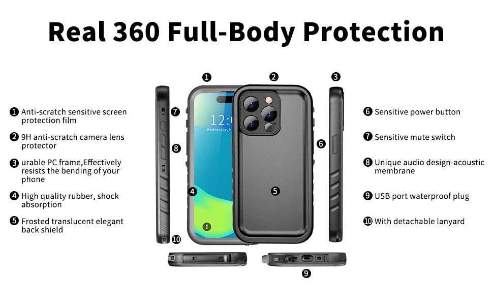 SPORTLINK Waterproof Case For iPhone 14 11 12 13 15 Pro Max Swimming Diving Case With Strap Full-Body Screen Camera Protector