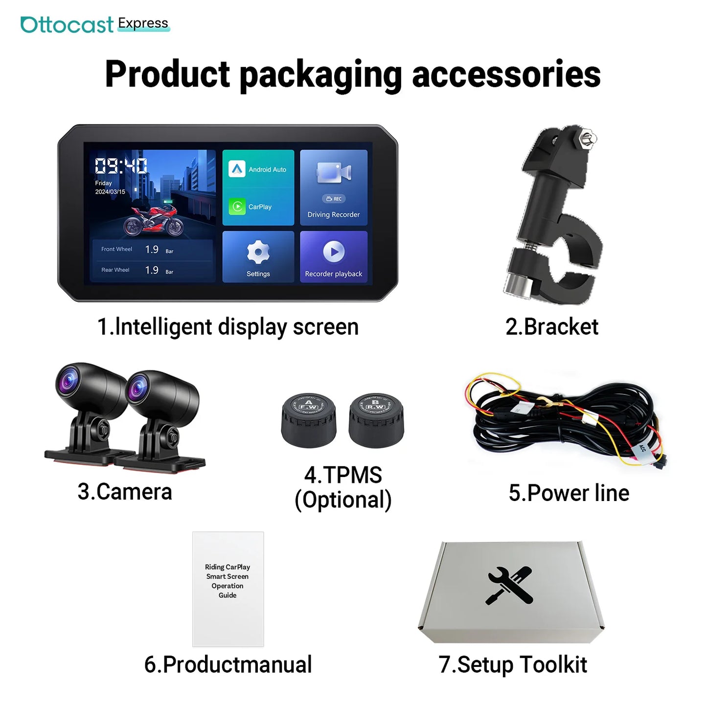 Ottocast 6.0 inch IP67 Waterproof Motorcycle GPS Navigation Wireless Carplay Android Auto DVR Drive Recorder Moto Monitor Wifi