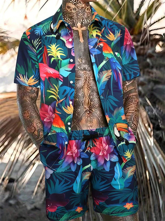 Men's New Hawaiian Short-Sleeved Shirt Shorts Set Summer Daily Travel Shirt Beach Casual Drawstring Shorts Jungle Print Set