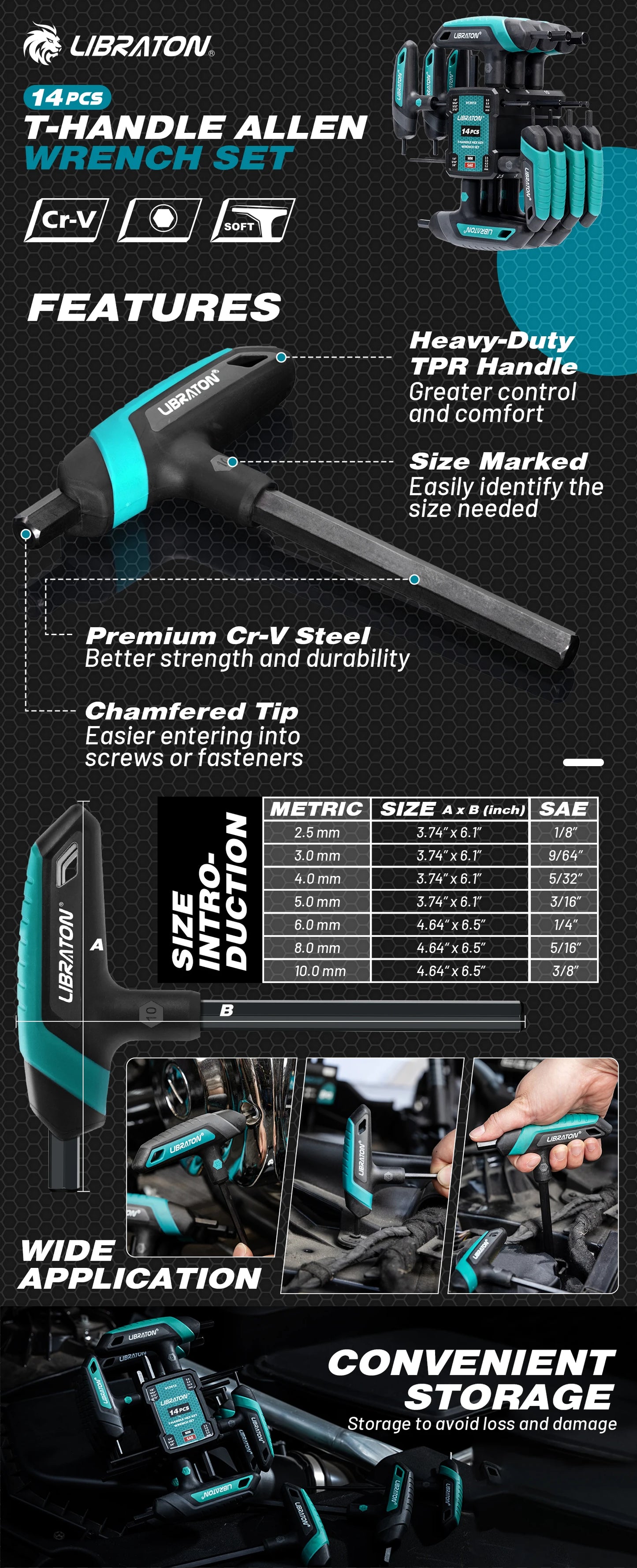 LIBRATON 14PCS Metric & SAE T Handle Hex Key,T-handle Allen Wrench Set, Auto Bike Repair Tool, with Storage Rack,Two-Tip Design