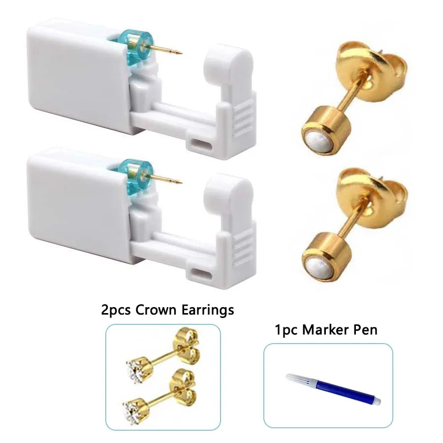 2PCS Disposable Ear Piercing Gun with Built-in Ear Studs & 2pcs Cubic Zirconia Earrings-For Home Use Ear Piercing Kit