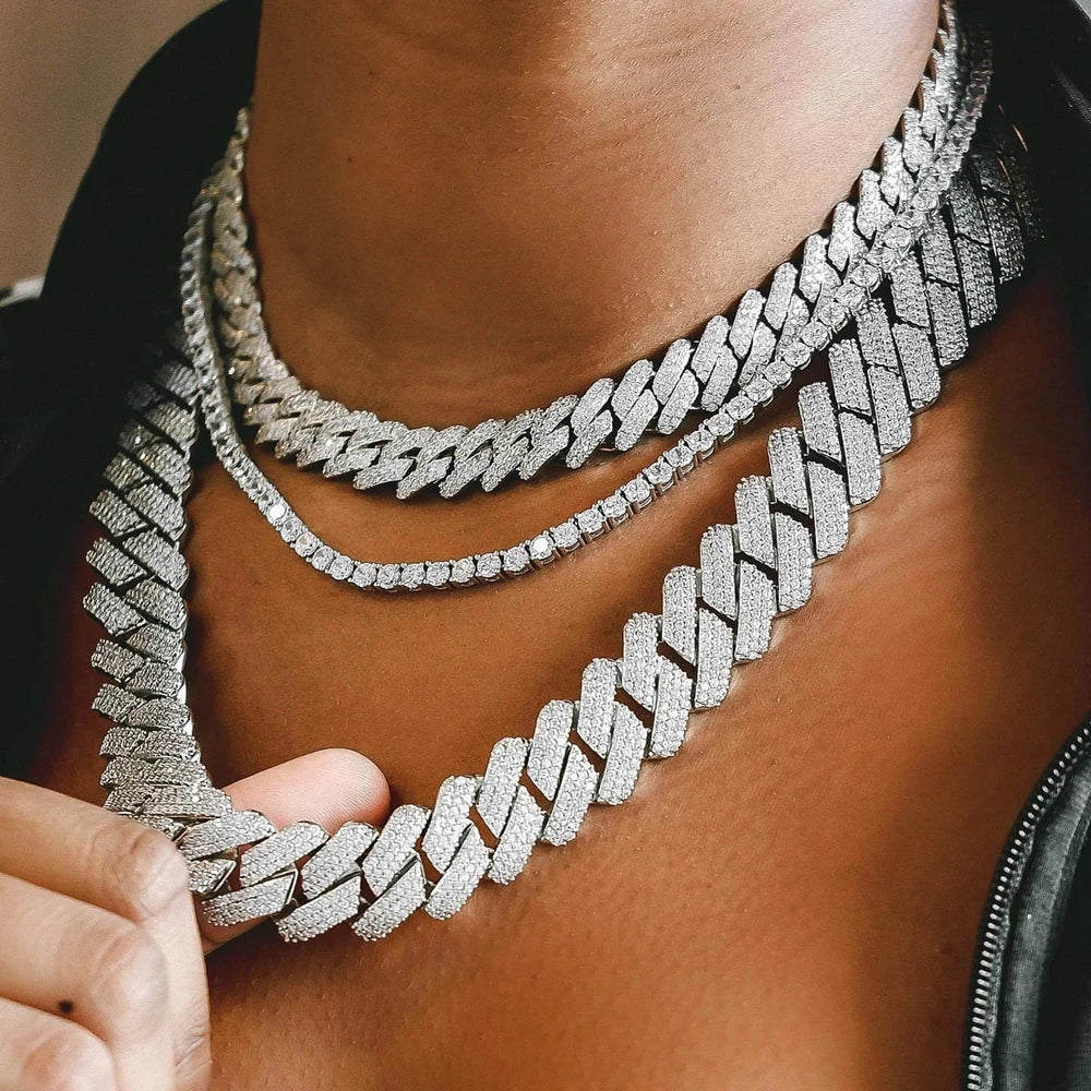 Hip Hop Men Iced Out Chain Prong Rhombus Cuban Link Necklace 14/20MM width Gold Silver Color Thick Cuban Chain Necklace Jewelry