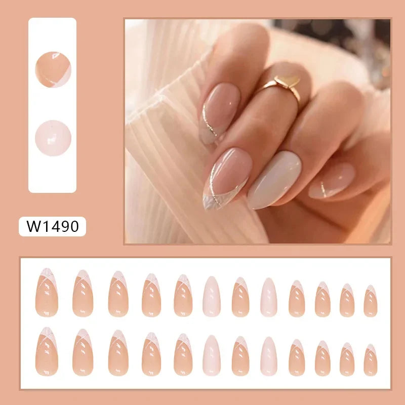 Gold Pink Wine Red 24 Pcs Fake Nail with Jelly sticker Press on False Nails Wearable Round Head Oval Full Cover Nail Tips