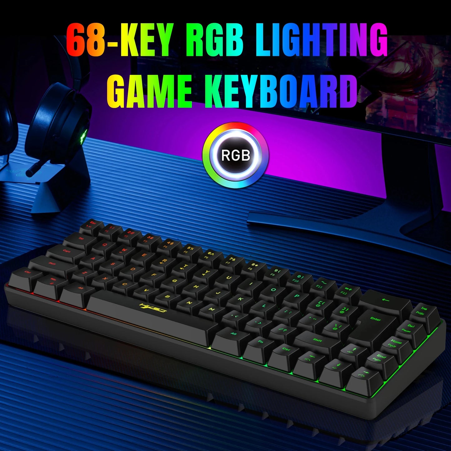 68 Keys Gaming Keyboard USB Wired Portable 20 RGB Backlight Keyboard for Windows Laptops Computer