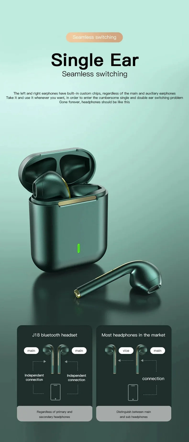 J18 wireless earphones, Bluetooth earphones, 9D noise cancelling gaming earphones with microphone, outdoor sports earphones