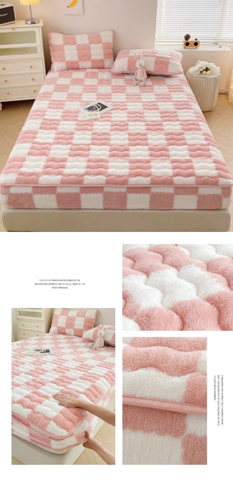 Arctic Velvet Mattress Cover Pad Checkerboard Series Soybean Antibacterial Cotton Fitted Sheet Double Bed Dust Mite Queen Size
