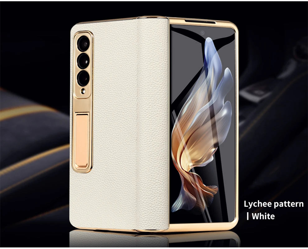 LANGSIDI Leather Case for Samsung Galaxy Z Fold 7 6 5 4 3 Fold6 Fold7 Gold Plating Magnetic Hinge Stand Cover with Mirror Film