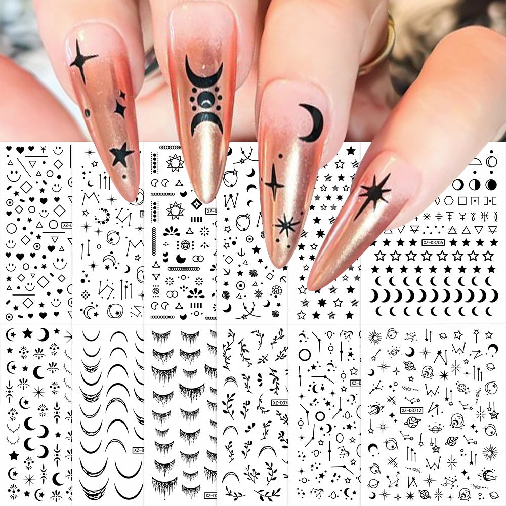 12Pcs Gold/Silver Tasse/Line/Star/Moon 3D Nail Art Stickers Leaf/Geometric Design Self-adhesive Sliders Luxury Manicure Decals