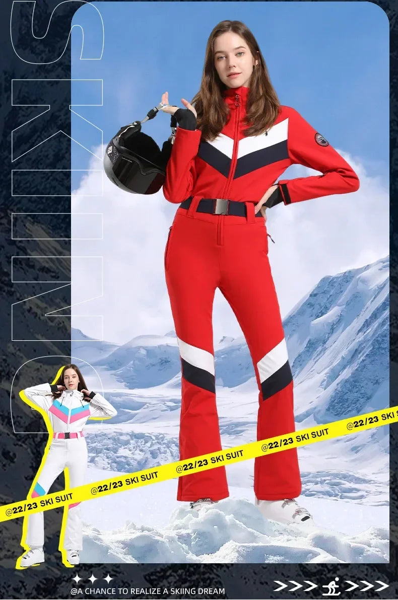 2025 Winter Overalls Women Slim Fitting Ski Suit Outdoor One-Piece Jumpsuits Wind Proof Waterproof Skiing Set Snowfield Clothing