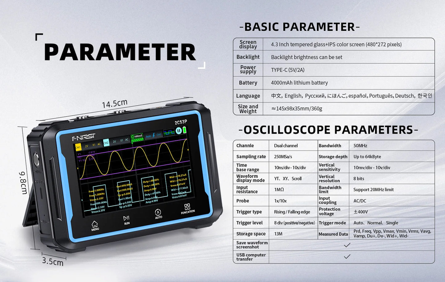 2C53P Touch Screen Portable Digital OSC Multimeter Signal Source 3in1 2 Channel 50MHz 250Ms/S 19999 Counts