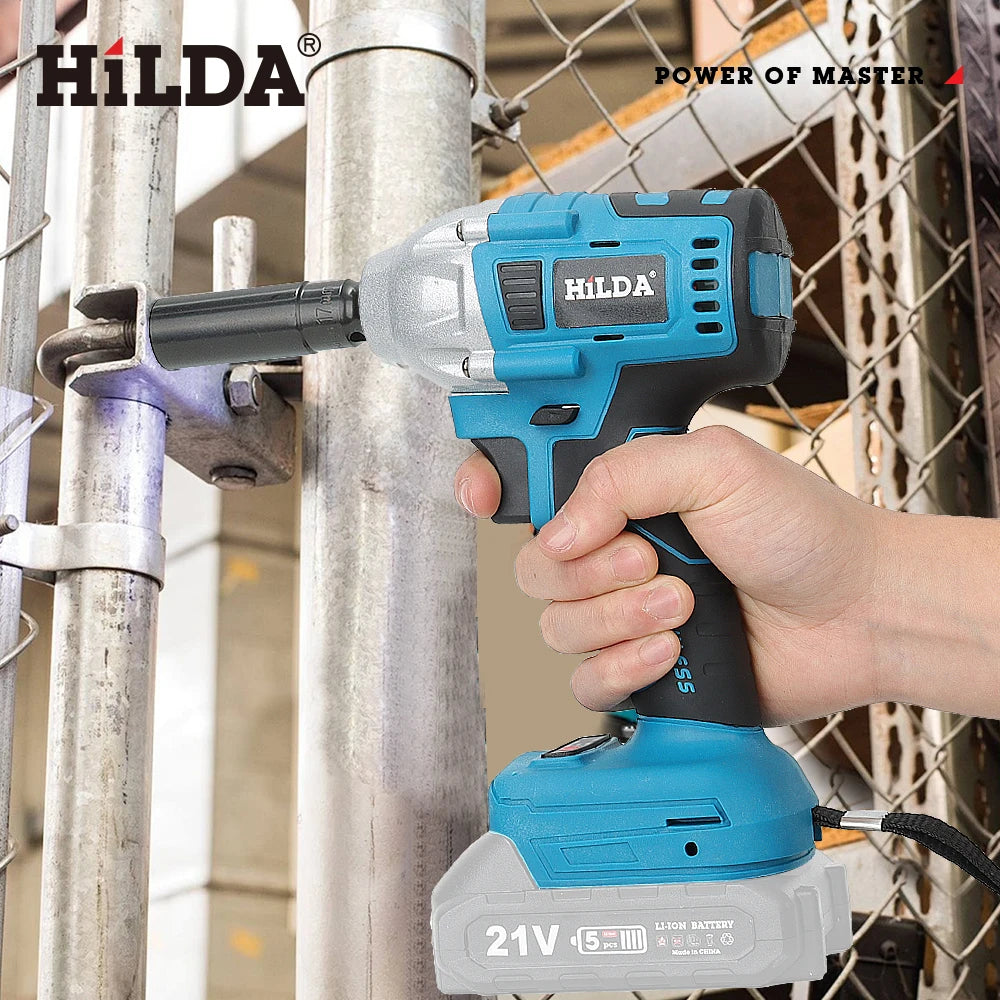 HILDA 18V Blue Brushless/Brushed Electric Impact Wrench Rechargeable 1/2 Socket Wrench Cordless for Makita Battery