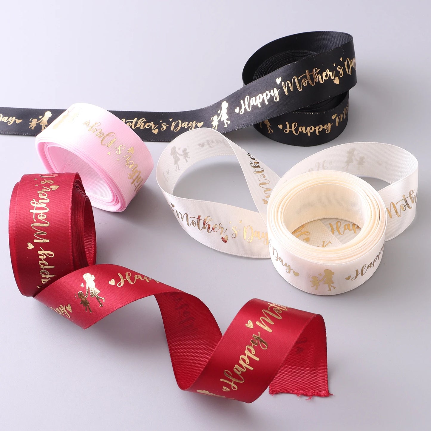 5 Yards Happy Mother's Day Ribbon, Pink Red Ribbon for Gift Wrapping, Satin Ribbon for Flower Bouquet Moms Birthday Day Thank