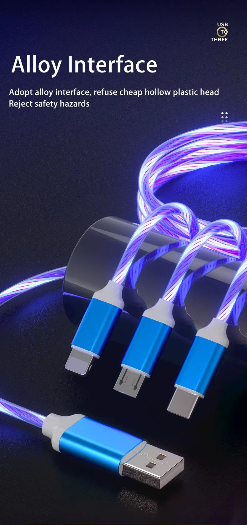 3 in 1 3A Fast Charging Glowing LED Light Micro USB Type C Cable For iPhone Samsung Xiaomi Redmi Phone Charger USB Cable