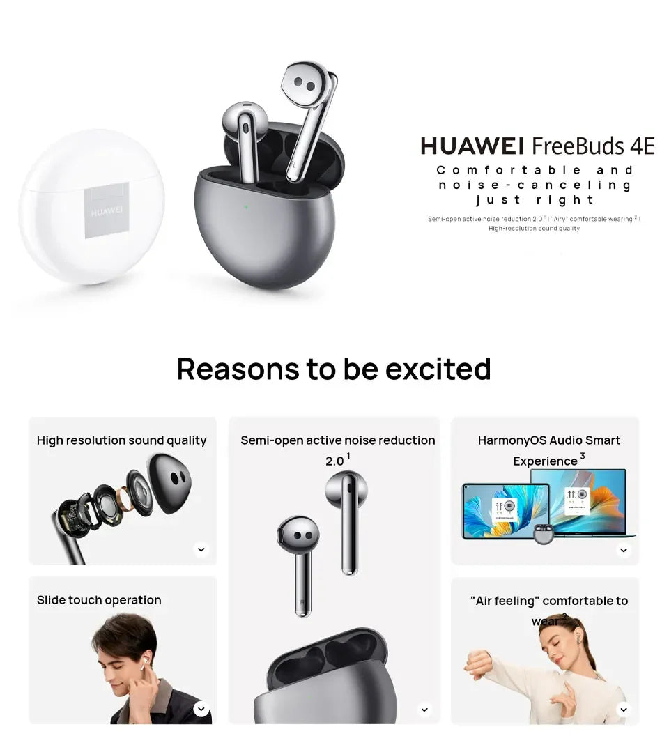2024 Original Huawei FreeBuds 4E Earphones Bluetooth 5.2 True Wireless Headphone Open-fit Active Noise Cancellation 2.0 Earbuds