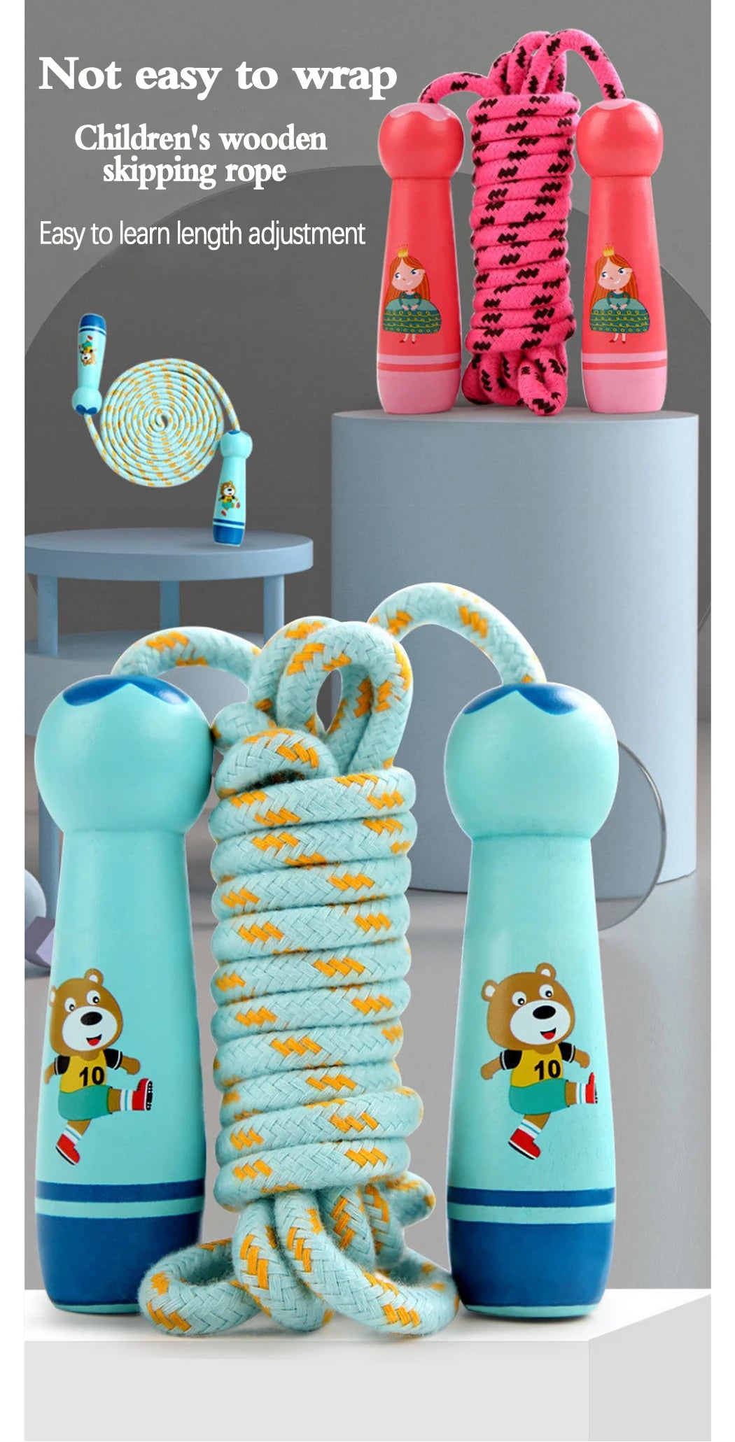 Children's Sports Adjustable Cotton Rope  Ropes Sport Fitness Lovely Cartoon Skipping Natural Wooden Handle Fillet Design