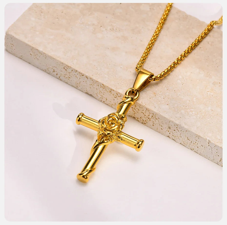 Vnox Men Cross Necklace, Stainless Steel Rose Cross Pendant with Box Chain, Unisex Cool Crucifix Jesus Faith Aesthetic Collar
