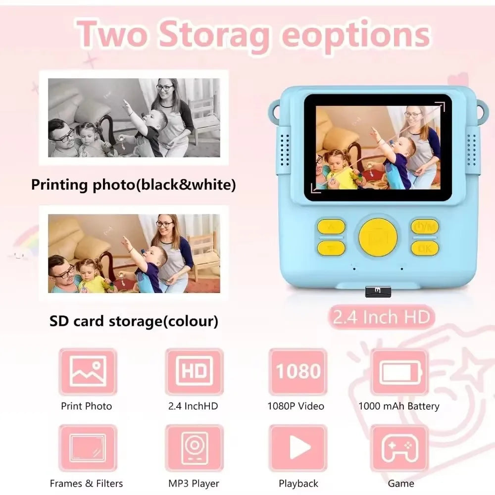 Portable Instant Print Camera for Kids - 1080P HD Video Camera with 3 Rolls Photo Paper and 32GB Card, Perfect Toy for Toddlers