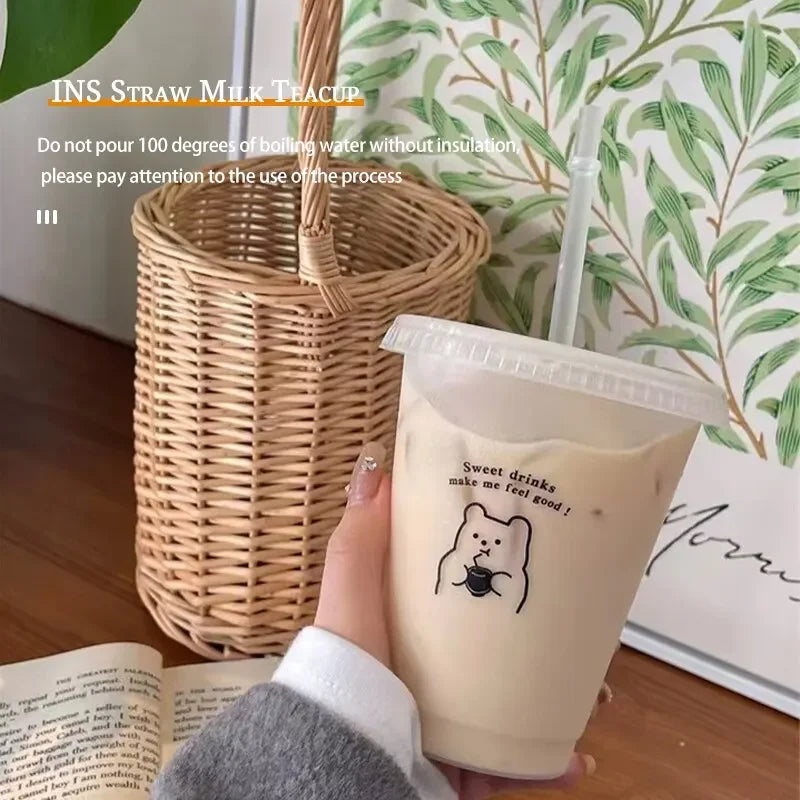 Cartoon Bear Pattern Large Capacity Plastic Straw Cup Handheld Beverage Cup Suitable For Coffee Milk Tea