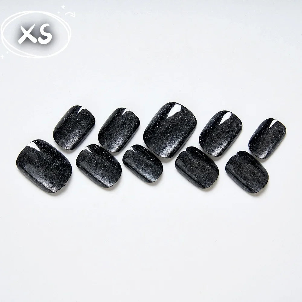10Pcs Black Glitter Cat Eye Square Nails Set Press on Reusable Acrylic Fake Nails with Glue for Women/Girls Party Wear Nails Art