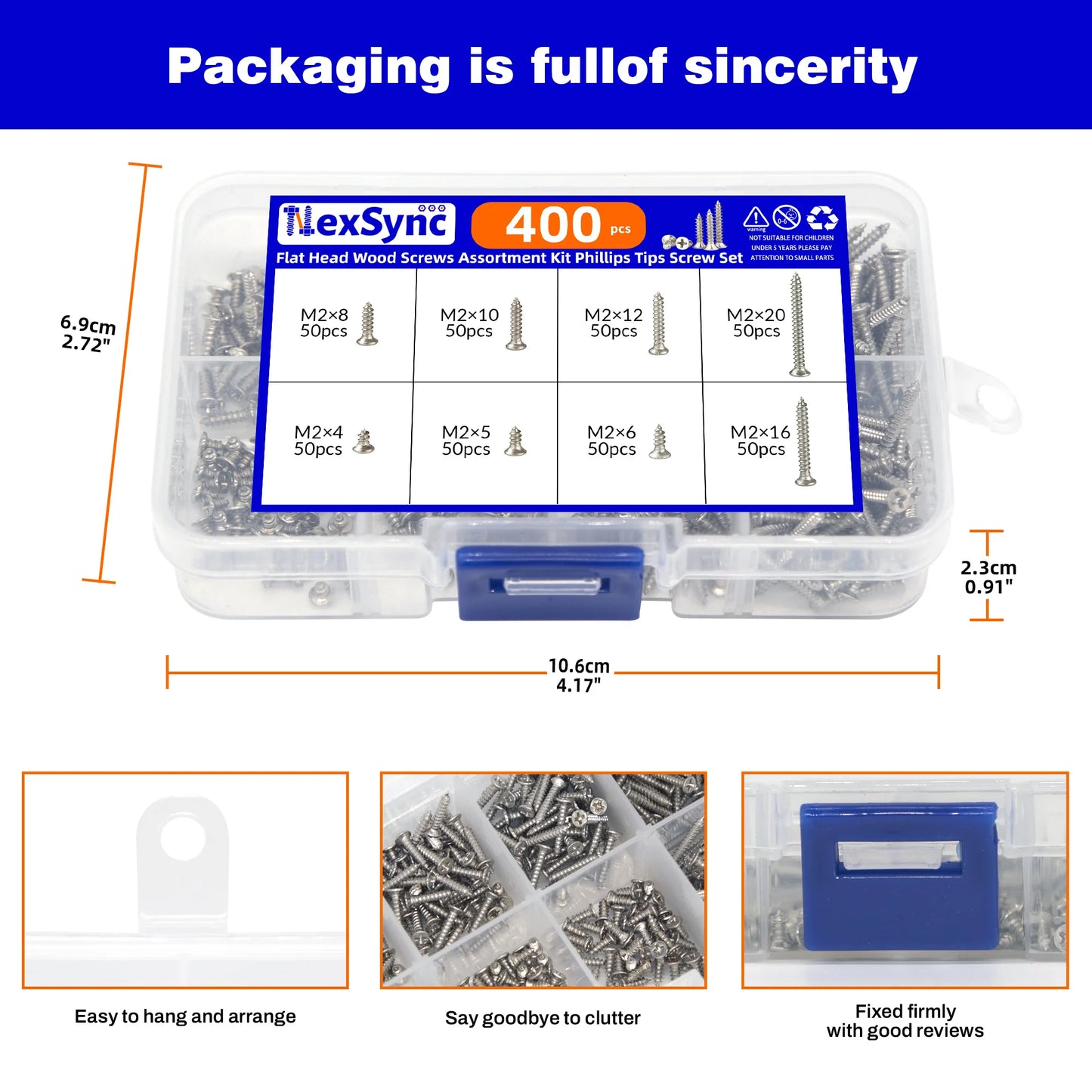 400pcs Flat Head Wood screws Assortment kit Phillips Tips screw set M2x4mm-20mm Self-tapping Screws Wood Screw