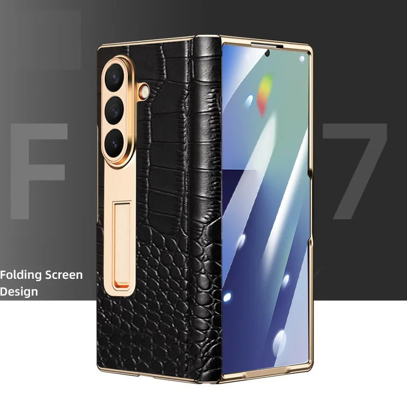 Luxury Leather Cover For Samsung Z Fold 7 6 5 Case Plating Stand Hinge Front Glass Screen