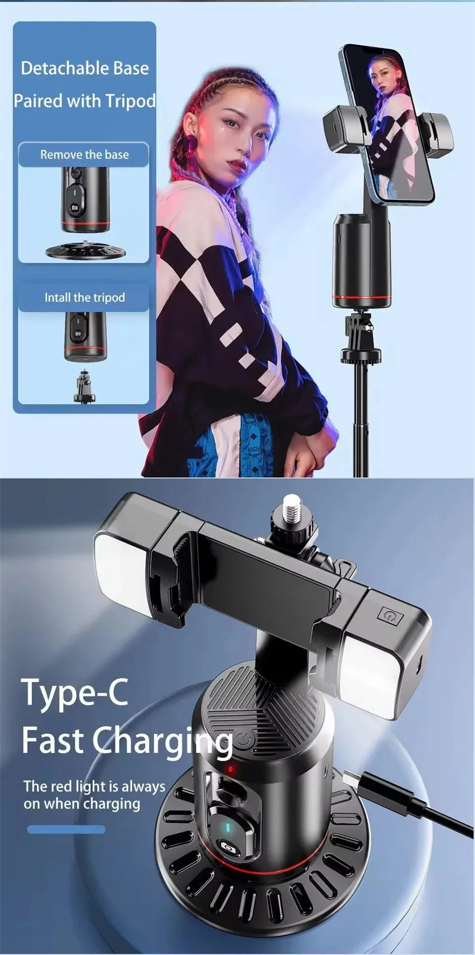 Q02 360° Rotation Gimbal Stabilizer Selfie Stick Desktop Face Tracking Gimbal With Bluetooth Remote Shutter and Light Holder