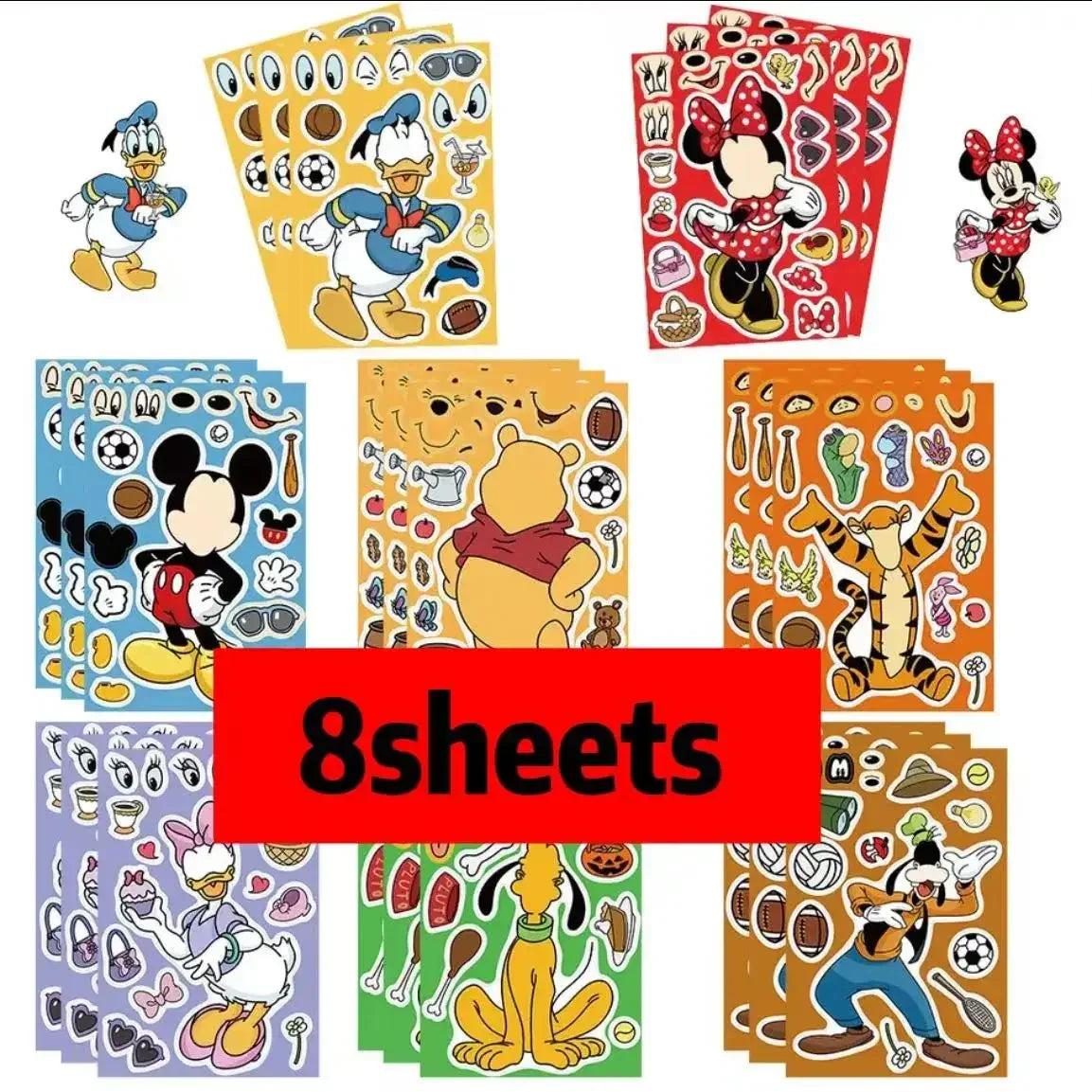 8/16Sheets Disney Micke Puzzle Stickers  Children DIY Make-a-Face Funny Assemble Jigsaw Cartoon Sticker Kids Educational Toys