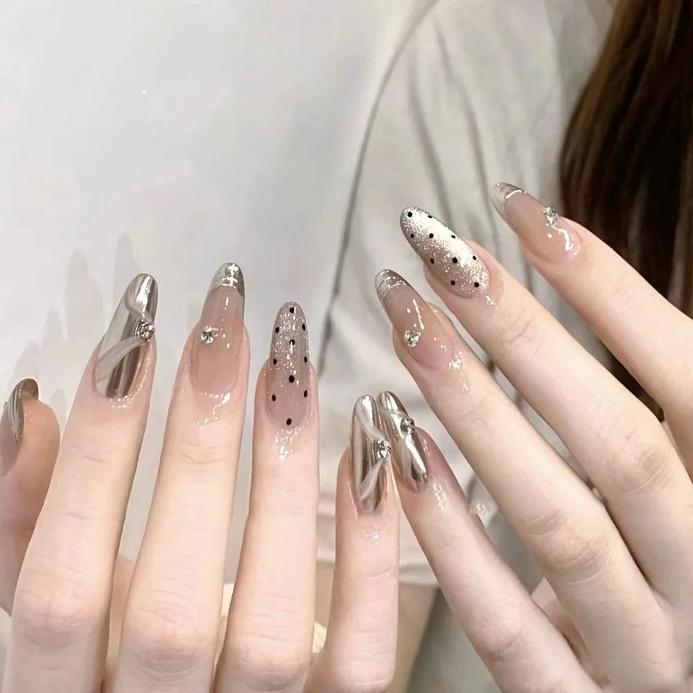 24Pcs Mid-length French Round Head Press on Fake Nails with Cat's Eye Design False Nails Rhinestone Reusable Full Cover Nail Tip