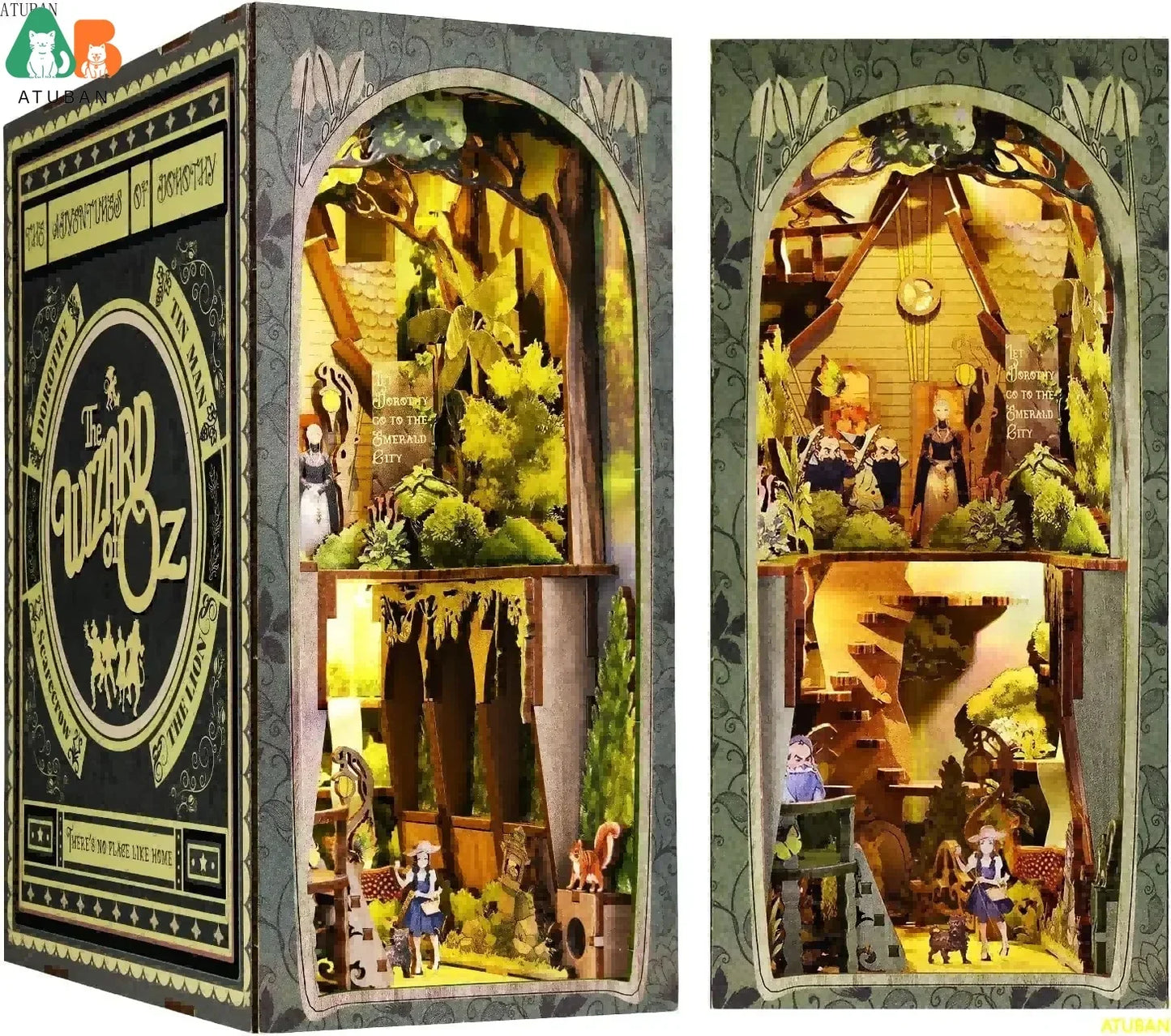 ATUBAN DIY Book Nook Kit, 3D Wooden Puzzle Miniature Dollhouse, Booknook Kit Bookend Bookshelf Insert Decor with LED Light
