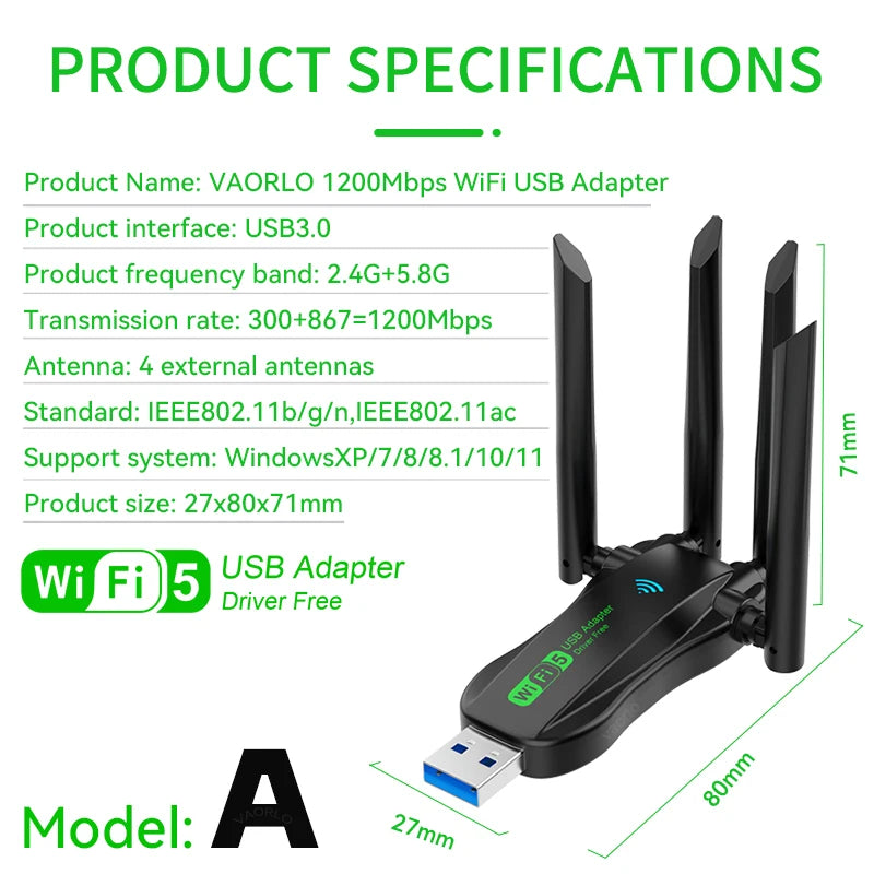 Dual Band 1200Mbps WiFi USB Adapter 2.4G/5.8Ghz Wi-Fi5 Dongle 4 Antenna USB3.0 Wireless Receiver For PC/Laptop No CD Driver Free