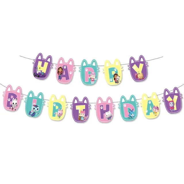 Disney Gabby Doll House Theme Birthday Party Flag Pulling Balloon Decoration Disposable Tableware Supplies