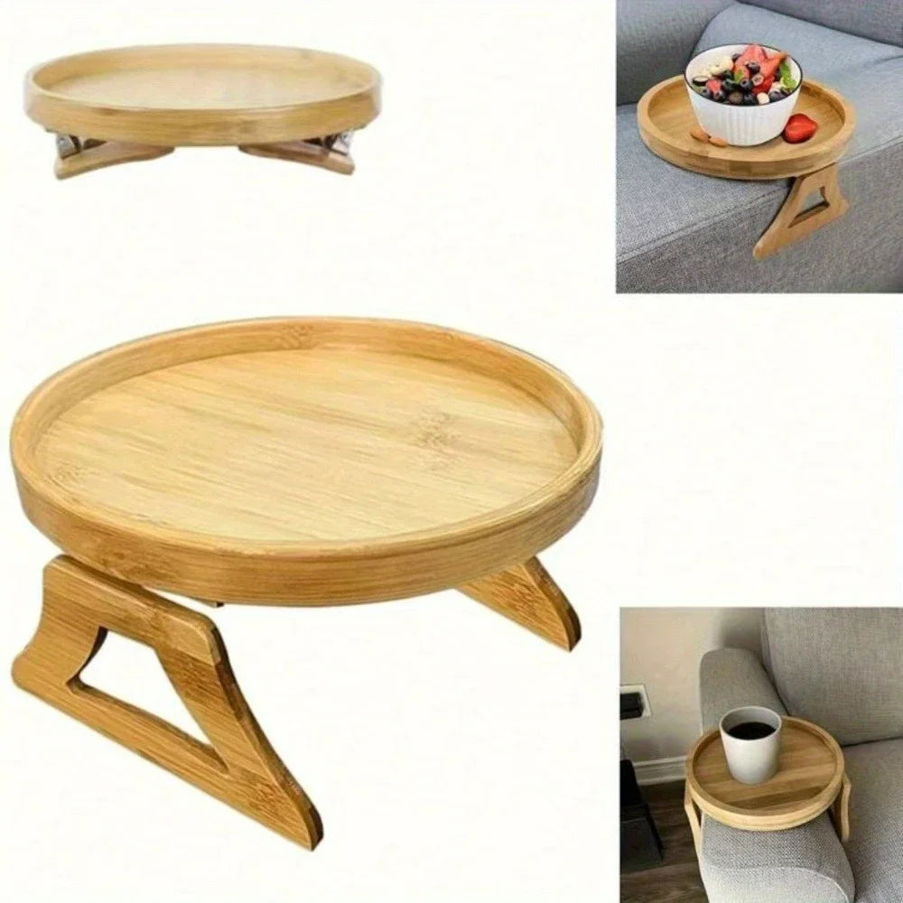 Foldable Sofa Armrest Tray - Wooden Clip-On Couch Table for Drinks, Phone, Laptop, Breakfast in Bed, Living Room Organizer