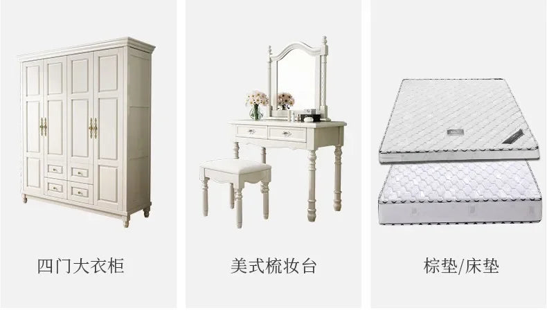 European Luxury Modern Double Bed Frame Mattress Storage Solid Wood Princess Bed Queen Size Cama Bedroom Set Furniture
