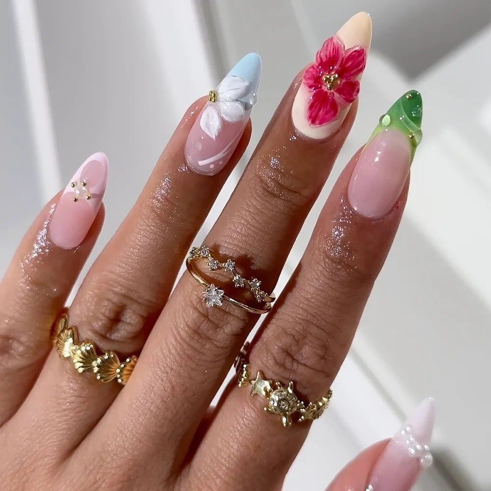 24PCS 3D Sweet Pink Flower Almond Press on False Nails with Yellow French Diamonds Fake Nails Artificial Wearable Tips with Glue